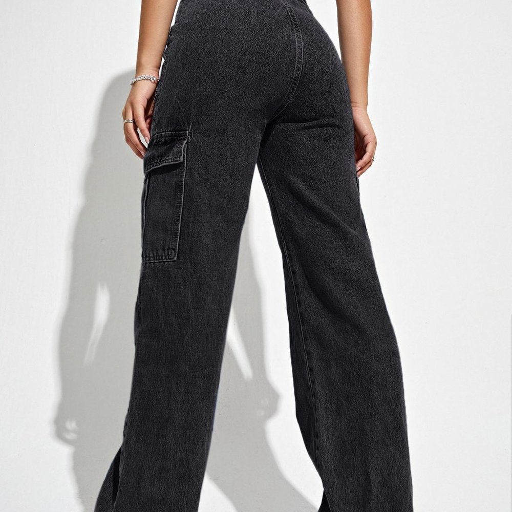 Black Casual Womens High Waist Flap Pocket Side Cargo Jeans - Picture 3 of 5
